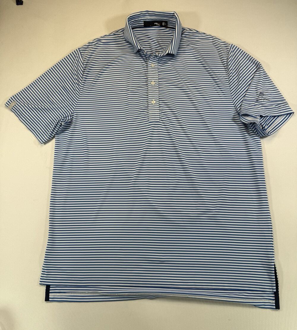 RLX Ralph Lauren Golf Polo Shirt Large Blue White Stripe Quail Creek Stretch